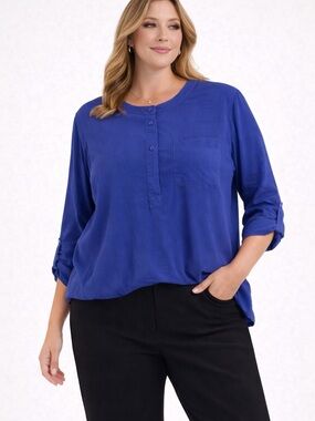 Talbots Washable Silk Blouse Size L Blue Long Sleeve Button Front Top